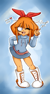artist:gussywussy blue_background blue_eyes boot boots bow heart hoodie joke meta:general_fanart mymy orange_hair play_on_words pointing skirt text wink winking // 1980x3744 // 4.1MB