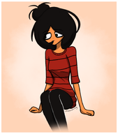 artist:vampirekitty chewing_hair looking_away maya meta:general_fanart sitting striped_shirt // 1312x1489 // 541KB