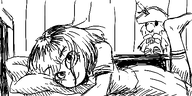 artist:oekakigod bed black_and_white hugging kapitein_koek laying_down looking_at_viewer meta:rijkskunst mymy no_color oekaki plushie sisa // 500x250 // 55KB