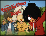anke ankh artist:aidanisl8 artist:cam artist:odotcdot beanie black_hair brown_eyes bush english_text epke grass green_eyes hat hood maya meta:general_fanart necklace peace_sign peace_sign_(hand) text white_hair // 2842x2226 // 5.6MB