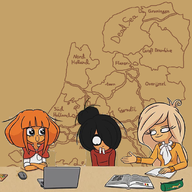 black_hair blonde_hair blue_eyes book books bow brown_eyes chair chairs coco computer_mouse drawing edit europe flag:belgium freckles green_eyes hair_bun hoodie laptop map maya mymy orange_hair pencil_case screenshot smiling // 1400x1400 // 849KB