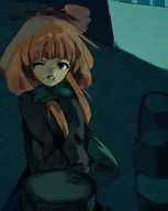 artist:nicololyy blue_eyes bow meta:general_fanart mymy orange_hair scarf shadow squatting window // 818x1024 // 124KB