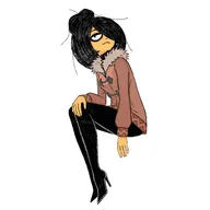 artist:red161material black_hair hair_bun hair_covering_eye hair_over_eye hair_over_eye_(maya) heel heels hoodie maya meta:general_fanart smug white_void winter_coat // 2048x2048 // 215KB
