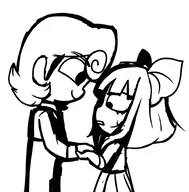 artist:coco_puppington bert black_and_white bow confused dot happy holding_hands joy mymy smiling white_void // 900x916 // 79KB