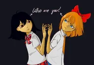 also_mymy black_hair blank_background blue_eyes bow brown_eyes ear english_text japanese_mymy meta:general_fanart mymy niggerwiggle one_color_background orange_hair question question_mark skirt text tie unknown_artist // 1250x875 // 88KB