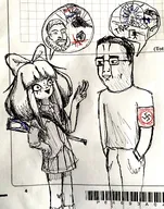 adolf_hitler armband artist:yosack_jaki black_hair bow chud chudjak english_text freckles glasses gun hanging hitler hitler_mustache maya meta:rijkskunst mymy mymy's_gun nerf_gun opened pants pen_(medium shirt skirt swabag talking text tie tnd variant:chudjak voc voc_flag voc_logo // 2460x3125 // 2.3MB