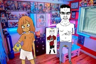 2soyjaks anime buff cartoon clothes figurine full_body holding_object irl_background mymy netherlands ongezellig orange_hair orange_skin picture pointing poop poster rgb shoe shorts soccer sonnenrad sport tshirt variant:chudjak window yellow_hair // 1023x677 // 206KB