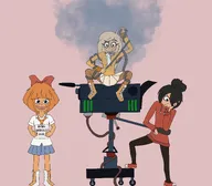 artist:silk_pyjamas blonde_hair blue_eyes boot boots brown_eyes brown_hair camera coco dutch_text english_text freckles green_eyes hair_bun hair_covering_eye hair_over_eye hair_over_eye_(maya) hoodie looking_at_viewer looking_away maya meta:general_fanart mymy nederlandse_tekst open_mouth orange_hair parody raised_eyebrow shoe shoes silk_pyjamas_(artist) single_color_background single_colour_background skirt smoke tangled text trio white_void wire // 2733x2397 // 411KB