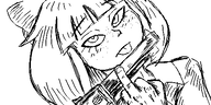 artist:oekakigod black_and_white gun looking_at_viewer meta:rijkskunst middle_finger mymy no_color oekaki revolver sisa tongue_out // 500x250 // 50KB