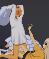 artist:sirrededge black_hair blonde_hair bow coco crtag maya meta:general_fanart mymy orange_hair pillow pillow_fight single_color_background single_colour_background tear // 2527x3000 // 2.2MB