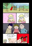 artist:maypachi_hmone bald band-aid bandaid beanie bench black_hair blonde_hair blue_eyes brown_eyes bush bushes comic dress duck exclamation_mark exclamation_marks frown hoodie question_mark sky slide slingshot smile smirk swing swing_set swings text the_return_comic tree Yana young // 1080x1527 // 124KB