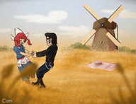 artist:cam black_hair brown_eyes chain cloud clouds color dancing drawing grass love meta:general_fanart picnic picnic_basket picnic_blanket red_hair romance sky traditional_outfit tryn wiel windmill // 1097x840 // 1.2MB
