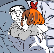 bed black_hair bow chud cuddling glasses joy mymy orange_hair pillow sleeping // 496x482 // 282KB