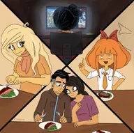 chair coco computer desk food fork knfie maya meta:general_fanart milktag_(proper) mymy pointing ravi sitting smile soei unknown_artist // 1179x1170 // 956KB