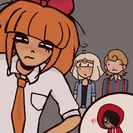 artist:nyancat000 belt bert black_hair blonde_hair blue_eyes blush bow brown_eyes cato dot_eyes exclamation_mark freckles freckles_(cato) green_eyes hair_covering_eye hair_over_eye hair_over_eye_(maya) hood_up maya meta:general_fanart necklace orange_hair peeb_in_hoodie pocket question_mark suspenders suspicious tie variant:peeb // 1280x1280 // 152KB