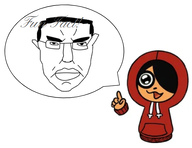 black_hair chud english_text exclamation_mark glasses green_eyes hoodie maya mouth_open peeb_in_hoodie text variant:chudjak variant:peeb white_void // 519x400 // 93KB