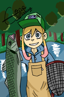 blonde_hair blue_eyes dyed_hair fish grass hat lake meta:general_fanart net overalls partially_dyed_hair partially_dyied_hair tree unknown_artist yfke // 2000x3000 // 1.6MB
