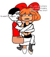 black_hair chud cuddling edit english_text glasses meta:general_fanart mymy nightgown no_freckles orange_hair question_mark shoe shoes shorts sock socks text variant:chudjak white_void // 1795x2048 // 277KB