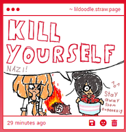 ^o^ black_and_white burning burning_flag dutch_text english_text exclamation_mark fire flag hoodie lighter maya meta:general_fanart mymy orange_hair speech_bubble straw_page swastika text tie trans_flag unknown_artist // 309x323 // 105KB