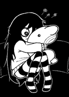 :( artist:meep2much black_and_white blobfish frown holding_object hugging maya meta:general_fanart pillow sad scribbles // 737x1030 // 73KB