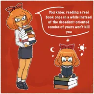 artist:fran_zellig blue_eyes book books bow english_text freckles glasses history_books holding_object meta:general_fanart moon mymy orange_hair promote_reading star sun text text_bubble tie tongue tongue_out // 2048x2048 // 429KB
