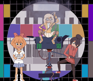 artist:silk_pyjamas blonde_hair blue_eyes boot boots brown_eyes brown_hair camera coco dutch_text english_text freckles green_eyes hair_bun hair_covering_eye hair_over_eye hair_over_eye_(maya) hoodie looking_at_viewer looking_away maya meta:general_fanart mymy nederlandse_tekst open_mouth orange_hair parody raised_eyebrow shoe shoes silk_pyjamas_(artist) skirt smoke tangled test_card text trio tv-testbeeld tv_test_pattern wire // 2733x2397 // 2.0MB