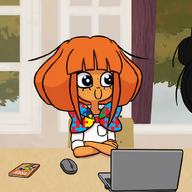 autism blue_eyes book bow chewing_hair computer_mouse dutch_text english_text freckles laptop maya mouse mymy niggerwiggle orange_hair smile table text tree trees trichophagia window windows // 800x800 // 726KB