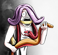 animal arm artist:rot eel electric_eel female fish fist hand holding_object meta:rijkskunst open_mouth purple_hair vera // 955x893 // 510KB