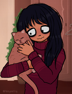 Artist:1azy_zelig black_hair door dresser dutch_text english_text green_eyes hair_down hanger holding_animal holding_cat maya meta:general_fanart nederlandse_tekst Noga pot potted_plant sweater text tree // 1040x1349 // 1.5MB