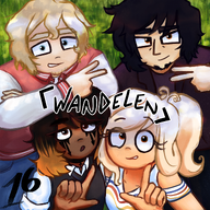 adam armband axel black_hair blonde_hair blue_eyes bread brown_eyes choker cleo coco dutch_text facial_hair grass jacket jeans meta:general_fanart pants partially_dyed_hair text unknown_artist vest // 1920x1920 // 5.8MB