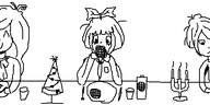 :) ^_^ anonygate artist:prosiak black_hair bow candle candle_holder candles christmas christmas_tree coco cups eating fork hair_bun hair_covering_eye hair_over_eye hair_over_eye_(maya) happy judaism knife looking_down maya menorah meta:rijkskunst mymy niggerwiggle oekaki smile smiling smoke stroopwafel stroopwafelsap table tie white_void // 500x250 // 21KB