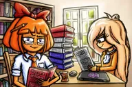 artist:kaaybruh blonde_hair blue_eyes book books bookshelf bow brown_eyes coco computer_mouse freckles glasses juicebox laptop meta:general_fanart mymy orange_hair pencil raised_eyebrow reading shelf smirk tie tree window // 1742x1150 // 508KB