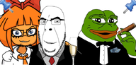 2soyjaks beer blue_eyes clothes friendship frog glass glasses green_skin hand happy holding_object looking_at_you mymy necktie no_more_brother_wars ongezellig orange_skin pepe smile smoking soyjak sticky stubble suit tuxedo variant:cobson variant:feraljak // 700x334 // 189KB