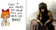 arm artist:rot blonde_hair bow coco crtag drawn_background english_text eyebrow_raised freckles full_body hand jeans meta:rijkskunst muscular mymy niggerwiggle orange_hair pointing shadow sitting text tie white_skin yellow_hair // 3000x1596 // 4.2MB
