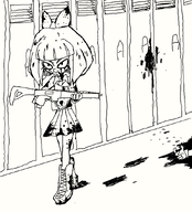 artist:brim black_and_white blood death evil_smile grim_(artstyle) gun meta:general_fanart mymy niggerwiggle school_shooting schoolocaust smiling // 795x878 // 16KB