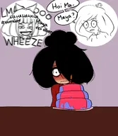 artist:lidlyarts black_hair blush blushing bow cake candle coco concerned dutch_text green_eyes laughing maya meta:general_fanart mymy nederlandse_tekst plate question question_mark table text wheezing ZMTFU // 2479x2856 // 332KB