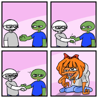 anti_ongezellig bowtie closed_mouth clothes frog full_body glasses green_skin hair mymy ongezellig open_mouth orange_hair orange_skin pepe soyjak stonetoss stubble tshirt variant:tossjak // 680x680 // 193KB