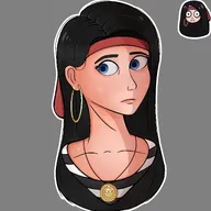 :( artist:fran_zellig bandana black_hair blue_eyes border earring frown grey_background kiki meta:general_fanart necklace single_color_background single_colour_background striped_shirt // 2048x2048 // 258KB