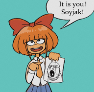 arm blue_background bowtie clothes crying drawing glasses hand holding_object meta:rijkskunst mymy necktie ongezellig open_mouth orange_hair orange_skin paper pointing skirt soyjak speech_bubble stubble text variant:unknown // 972x952 // 1.1MB