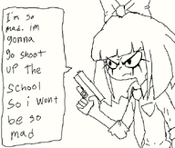 artist:brim black_and_white blank_background bow english_text frown gun meta:general_fanart mymy pistol schoolocaust single_color_background single_colour_background text text_bubble white_background white_void // 649x552 // 33KB
