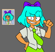 alt_color artist:japhet blue_eyes blue_hair bow cyan_hair eyebrow_raised eyelashes freckles green green_tie meta:general_fanart mymy point_at_self portrait purple_bow single_color_background single_colour_background smirk tie // 785x735 // 167KB