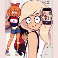artist:lidlyarts bag bathroom black_hair blonde_hair blue_eyes blush brown_eyes camera_shy coco eyelashes green_eyes hoodie maya meta:general_fanart mymy no_freckles orange_hair peace_sign peace_sign_(hand) phone public_restroom restroom shoe shoes shorts sleeveless_shirt smartphone smirk sock socks tongue tongue_out // 3508x3508 // 658KB