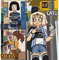 Artist:1azy_zelig bbwtag blue_eyes book brown_eyes cato dutch_text green_eyes guitar ilse meta:general_fanart phone roos skirt tree // 1256x1280 // 1.3MB