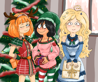 antlers artist:oekakigod beautiful bell belt black_hair blonde_hair blue_eyes blush blushing christmas christmas_colors christmas_colours christmas_hat christmas_tree coco color dress freckles lights looking_at_viewer maya meta:rijkskunst mistletoe mymy orange_hair present presents pretty sisa skirt sleeveless_undershirt sleigh_bell snow tanktop trio undershirt wifebeater window wink winking // 1200x1000 // 1.3MB