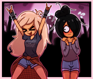 artist:aidanisl8 bracelets closed_eyes coco crowd dancing hand_sign maya meta:general_fanart nervous rave shorts sweat // 2340x2000 // 4.1MB