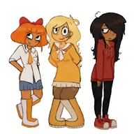 artist:glitteryhooves black_hair blue_eyes bow brown_eyes coco freckles green_eyes hoodie maya meta:general_fanart mymy orange_hair shoe skirt tie white_void // 1200x1200 // 132KB