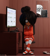 catalog chair closed_mouth clothes computer female full_body glasses hair headphones holding_object maya mirror mustache ongezellig orange_skin phone scared screenshot soda soyjak soyjak_party variant:a24_slowburn_soyjak // 681x756 // 400KB