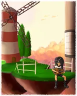 Acoustic_guitar artist:fran_zellig black_hair border bush cloud clouds doot floating floating_island green_eyes guitar helicopter maya meta:general_fanart playing_instrument shorts skirt sky striped_shirt tree windmill window // 1080x1350 // 150KB