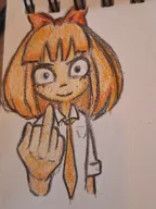 :) artist:lidlyarts blue_eyes bow crayon_(medium) freckles meta:general_fanart middle_finger mymy orange_hair tie // 1536x2048 // 475KB