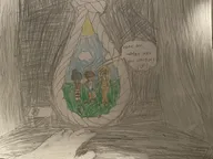 bill black_hair blonde_hair cloud clouds coco crayon_(medium) demonic drawing english_text grass hair_bun hair_covering_eye hair_over_eye hair_over_eye_(maya) hand hoodie leaves maya meta:general_fanart mymy noose orange_hair pencil_(medium) pov question_mark rope Satan satanic skirt sky speech_bubble striped_pants sun table texr text text_box text_bubble tie trio // 4032x3024 // 1.6MB